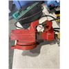 Image 2 : PLASTIC TOTE OF TOOLS INCLUDING VICE, CRAFTSMAN SAW, WORK LIGHTS, HAND SAWS ETC