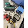 Image 3 : PLASTIC TOTE OF TOOLS INCLUDING VICE, CRAFTSMAN SAW, WORK LIGHTS, HAND SAWS ETC
