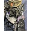 Image 5 : PLASTIC TOTE OF TOOLS INCLUDING VICE, CRAFTSMAN SAW, WORK LIGHTS, HAND SAWS ETC