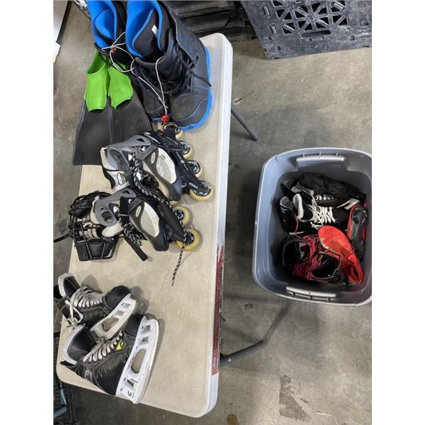 PLASTIC TOTE OF SPORTING GOODS INCLUDING UMPIRE SPACESHIELD, FLIPPERS, ROLLER BLADES, ICE SKATES, ET