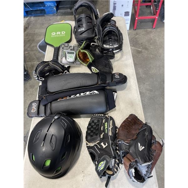 PLASTIC TOTE OF SPORTING GOODS INCLUDING VANTAGE BIKE HELMET, BASEBALL GLOVES, RMMA MARTIAL ART GEAR