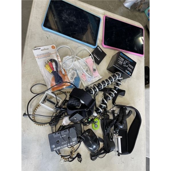 BAG OF GOPRO ACCESSORIES, MP3 PLAYERS, TRIPODS AND STANDS, EARBUDS, ETC