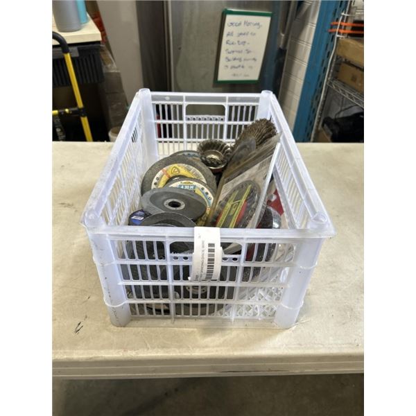 CRATE OF NEW GRINDING DISCS, WIRE WHEELS ETC