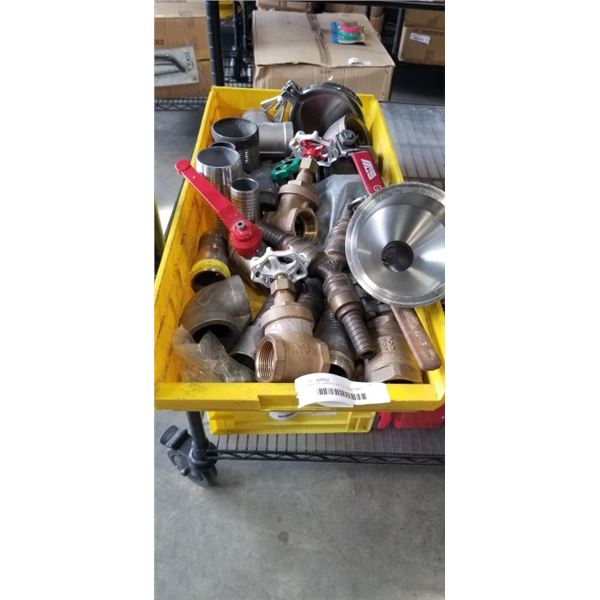 TRAY OF LARGE PIPE FITTINGS AND SHUTOFFS