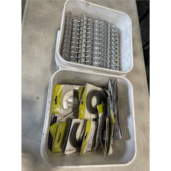 TOTE OF NEW HOUSE NUMBERS AND SMALL CASTORS, AND TOTE OF NAIL CHARGE STRIPS