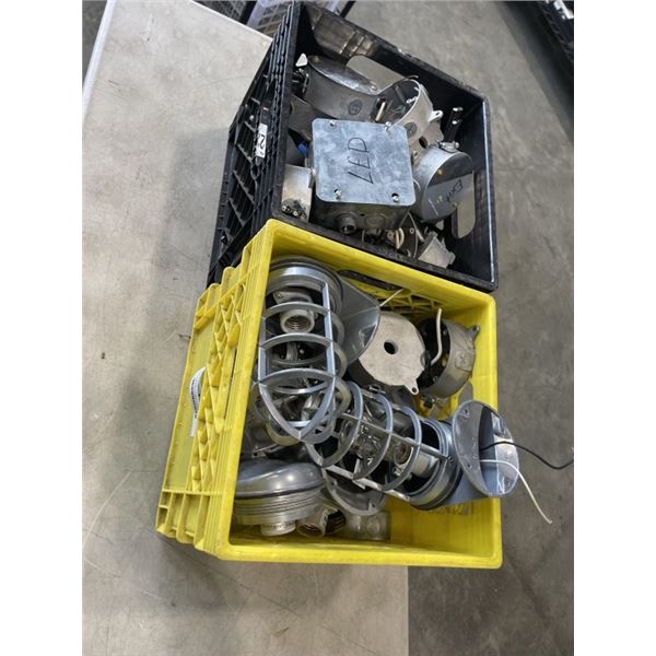 2 TOTES OF ELECTRICAL BOXES AND LIGHT CAGES