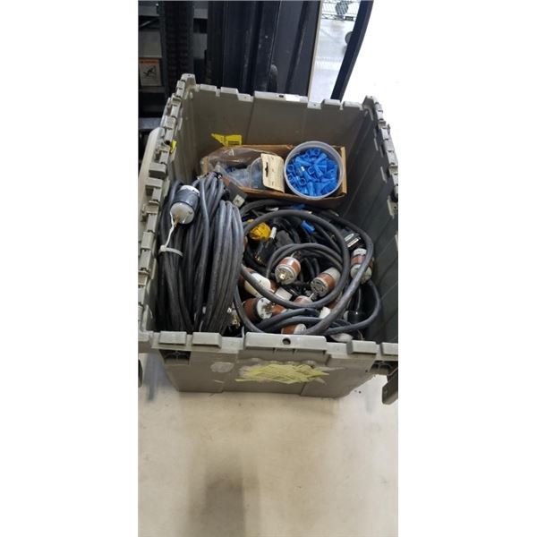 TOTE FULL OF EXTENSION CORDS AND ELECTRICAL FITTINGS