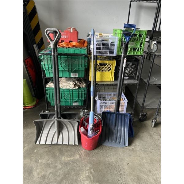 5 SNOW SHOVELS AND MOP BUCKET WITH MOP
