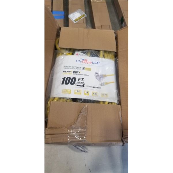 100 FT YELLOW HEAVY DUTY LIGHTED 3 OUTLET EXTENSION CORD. 12AWG/3C