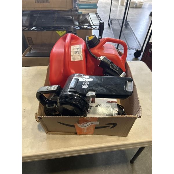 BLACK AND DECKER CAR VAC WITH CHARGER, JERRY CANS, AIR PUMP, CORDLESS DRILL ETC