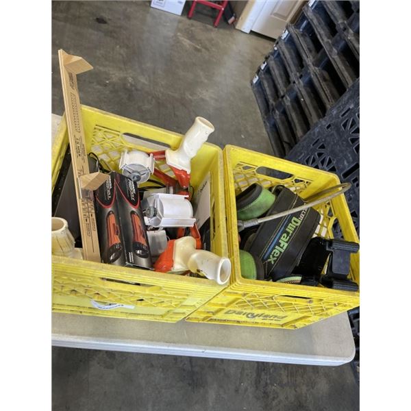 CRATE OF TAPE GUNS AND OFFICE ELECTRONICS AND CRATE WITH SAFETY HARNESS AND BELT ETC