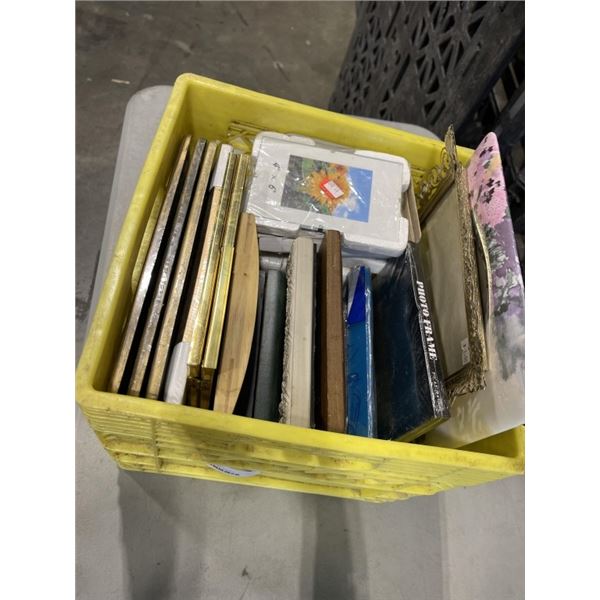 MILK CRATE OF PICTURE FRAMES