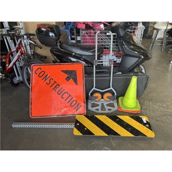 2 ROAD SIGNS, AND SMALL FOLDING DOLLY