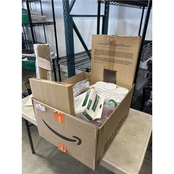 TRAY OF AMAZON OVERSTOCK INCLUDING SYROFOAM CUPS, VIVO TV PROTECTIVE COVER, AERAPURE FILTER BAGS, 10
