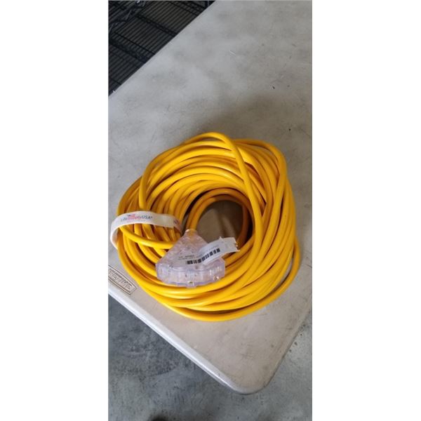 AS NEW 100FT HEAVY DUTY 3 OUTLET YELLOW EXTENSION CORD. 12AWG/3C
