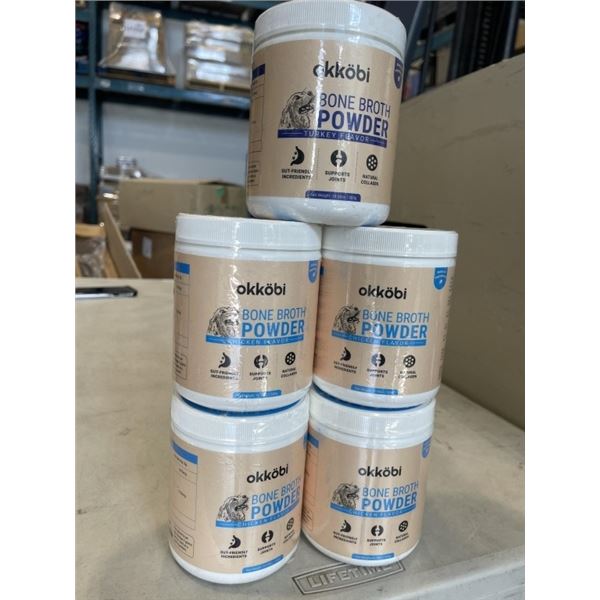 5 TUBS OF OKKOBI BONE BROTH POWDER.4 ARE CHICKEN FLAVORED, 1 IS TURKEY FLAVORED. EXP AUGUST 2027