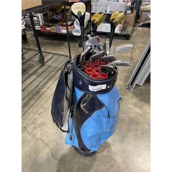 VINTAGE LEATHER COOPER GOLF BAG WITH ASSORTED CLUBS