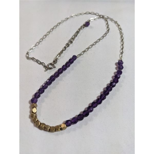 VINTAGE 925 STERLING SILVER W/ AMETHYST STONE BEADS NECKLACE