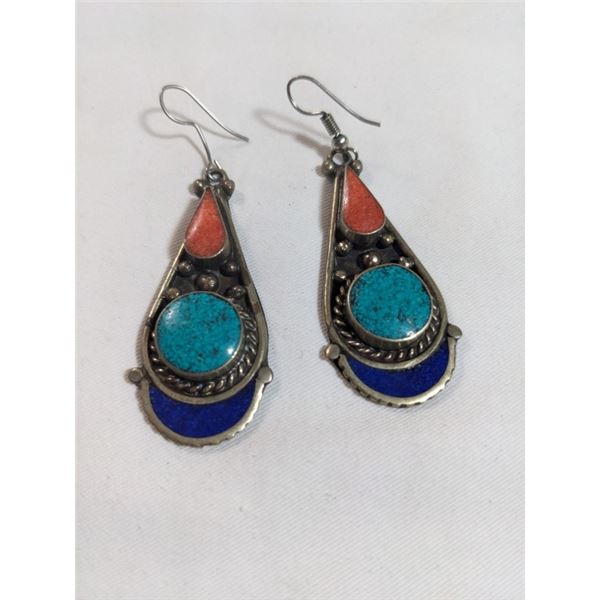 PAIR OF VINTAGE SILVER W/ TURQUOISE, PINK CORAL AND LAPIS LAZULI EARRINGS