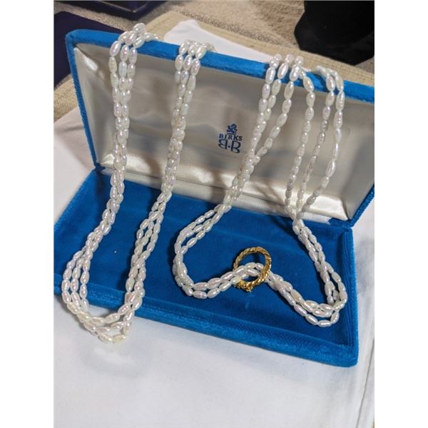 3 STRANDS GENUINE PEARLS EXTRA LENGTH 58" EACH NECKLACE ON GOLD RING CLASP