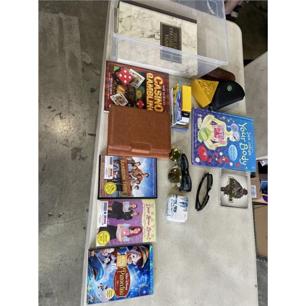 TOTE OF MOVIES, BOOKS, CDS, SUNGLASSES, ETC