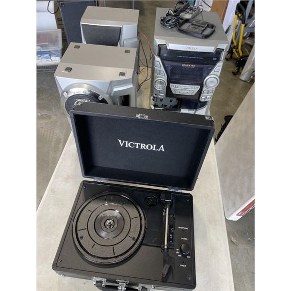VICTROLA VINYL PLAYER AND SHARP 3 DISC MINI COMPONENT SYSTEM AND 2 SPEAKERS
