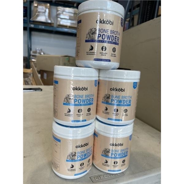5 TUBS OF OKKOBI BONE BROTH POWDER.4 ARE CHICKEN FLAVORED, 1 IS TURKEY FLAVORED. EXP AUGUST 2027