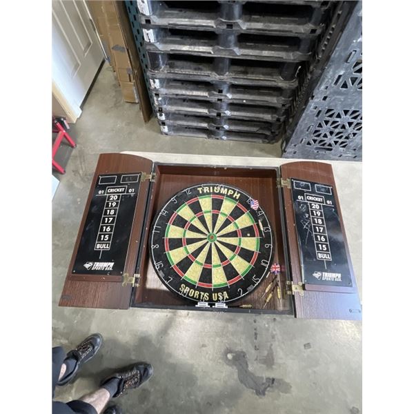 DART BOARD IN PROTECTIVE CABINET