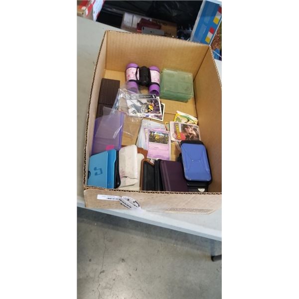 TRAY OF MAGSAFE WALLETS, BINOCULARS, HOCKEY/POKEMON CARDS