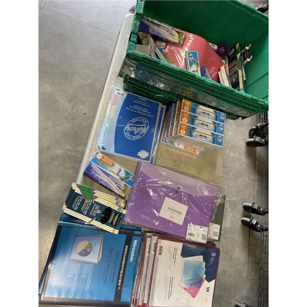 PLASTIC TOTE OF OFFICE SUPPLIES INCLUDING PENCILS, PENS, BINDERS ETC