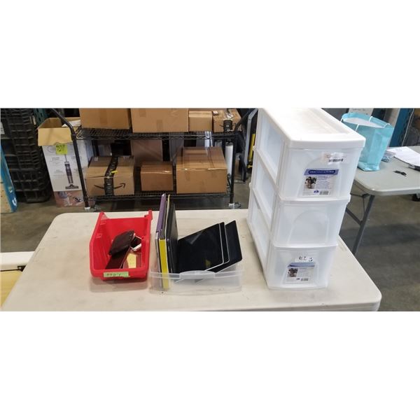 3 DRAWER SLIM PLATIC SHELVELING UNIT AND TRAY OF PARTS ELECTRONICS