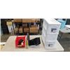 Image 1 : 3 DRAWER SLIM PLATIC SHELVELING UNIT AND TRAY OF PARTS ELECTRONICS