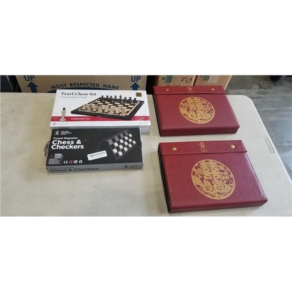 2 CHINESE MAHJONG SETS AND HUSARIA PEARL CHESS SET AND YELLOW MOUNTAIN TRAVEL MAGNETIC CHESS & CHECK