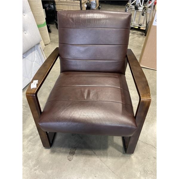 BROWN LEATHER WOOD FRAMED ACCENT CHAIR