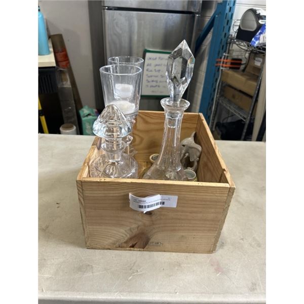 WOODEN CRATE WITH ASSORTED CRYSTAL DECANTERS, COLLECTIBLES ETC
