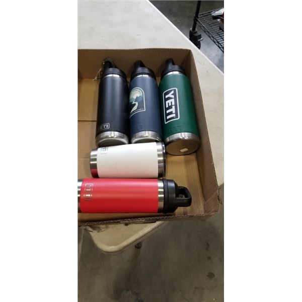 4 YETI WATER BOTTLES AND A YETI COFFEE THERMOS