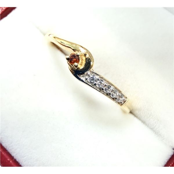 GOLD PLATED STERLING SILVER NATURAL GARNET WITH CZ RING, SIZE 6.75, W/A $650.00. GARNET IS THE BIRTH