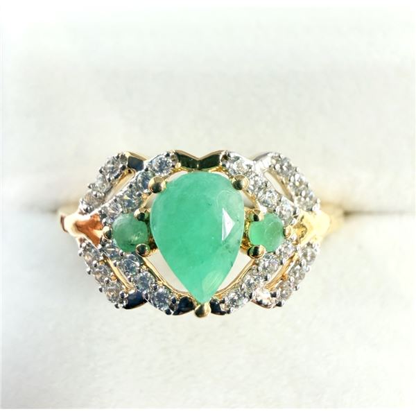 GOLD PLATED STERLING SILVER NATURAL EMERALD WITH CZ/WHITE TOPAZ RING, SIZE 9.25, RETAIL $550.00. EME