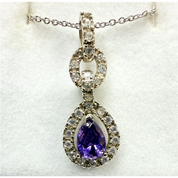STERLING SILVER NATURAL AMETHYST PENDANT WITH BRASS RHODIUM PLATING CHAIN, RETAIL $150.00.