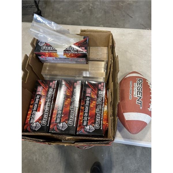 4.5 BOXES OF GUARD N' ZIPLOC BAGS AND 2 PLASTIC BLOCKS, FOOTBALL