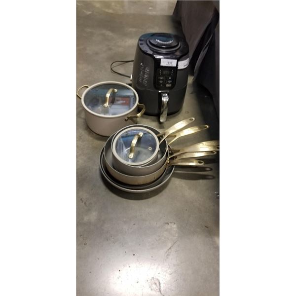 COLLECTION OF GREEN PAN FRYING PANS WITH NINJA AIR FRYER WORKING
