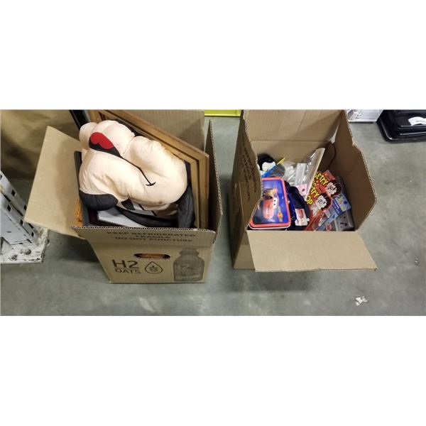 2 BOXES OF ASSORTED NEW KIDS TOYS AND GIFT ITEMS, VINTAGE MICKEY MOUSE, AND PICTURE FRAMES ETC