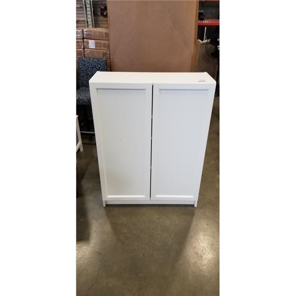 WHITE 2 DOOR STORAGE CABINET, 42 INCH X 32 INCH WIDE AND 12 INCH DEEP