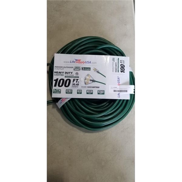 HEAVY DUTY 100FT GREEN 3 OUTLET EXTENSION CORD. 12AWG/3C