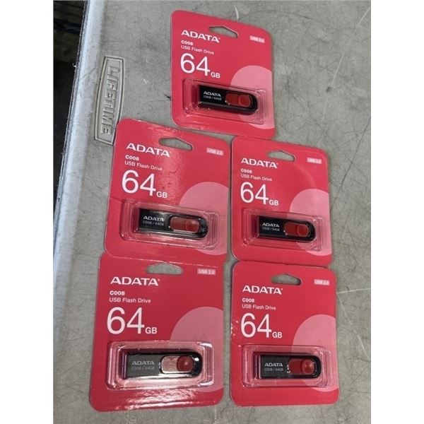 5 NEW ADATA 64 GB USB DRIVES