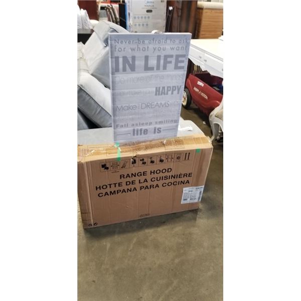 AS NEW STAINLESS RANGE HOOD AND MOTIVATIONAL CANVAS