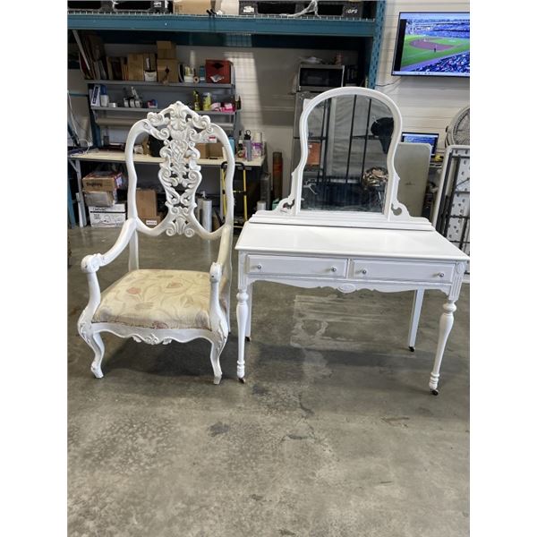 VINTAGE WHITE MAKEUP VANITY WITH ARCHED MIRROR & TWO DRAWERS, AND ORNATE WHITE ARMCHAIR WITH CARVED 