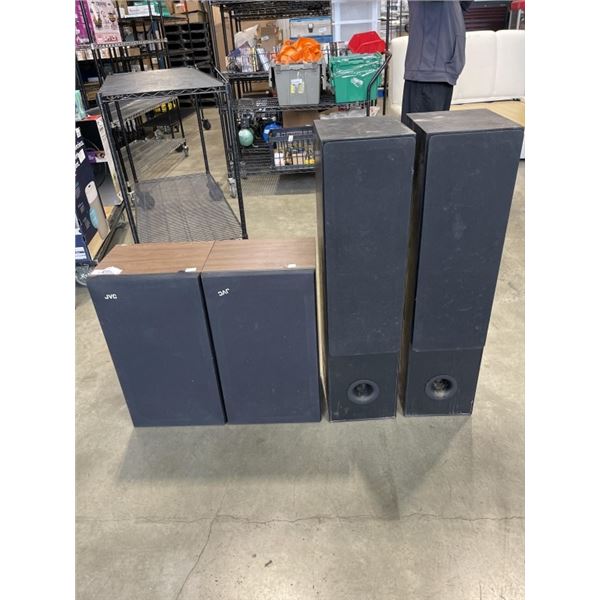 2 PAIRS OF FLOOR SPEAKERS, ONE JVC  - WORKING