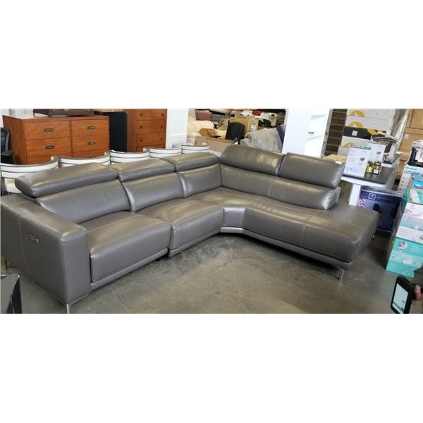 AS NEW 3 PIECE NATHAN POWER SOFA W/ CHAISE, DARK GREY LEATHER, RETAIL $2599