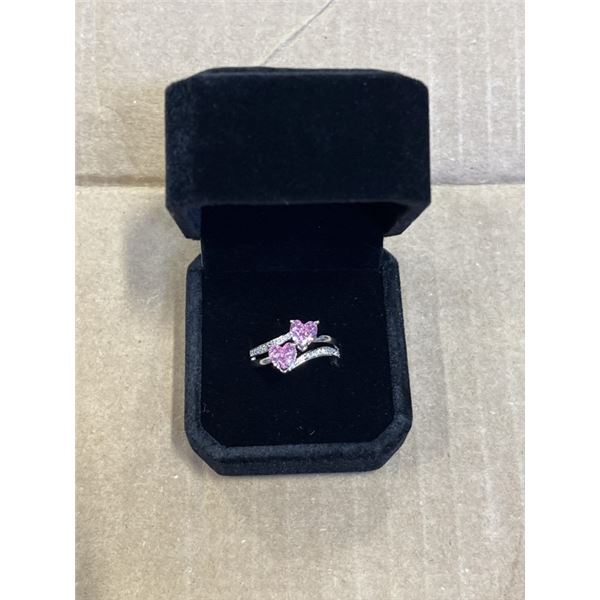 NEW PLATINUM PLATED 1.0CT HEART CUT SIMULATED DIAMOND (CZ) DOUBLE HEART RING, SIZE 7